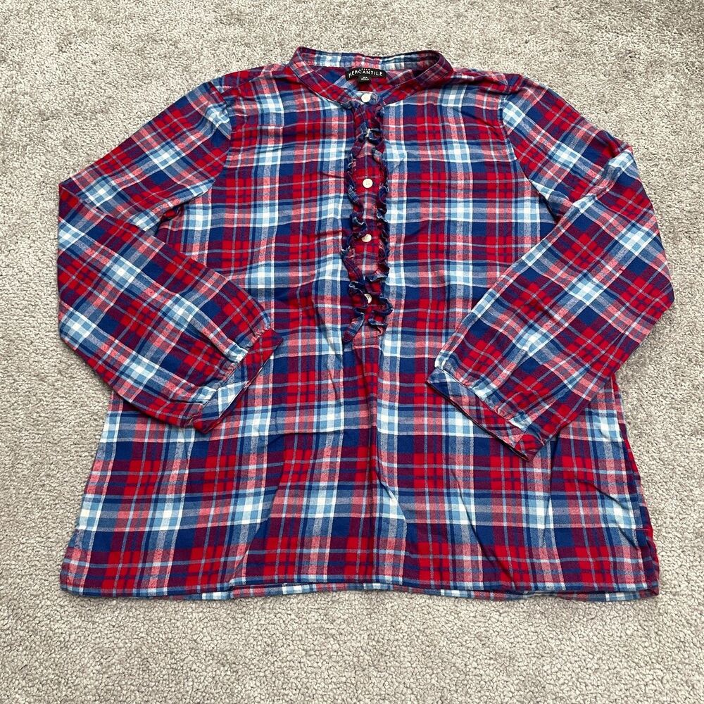 J. Crew Mercantile Ruffle Flannel Half Button Up Shirt Womens XS Multi Plaid Top
